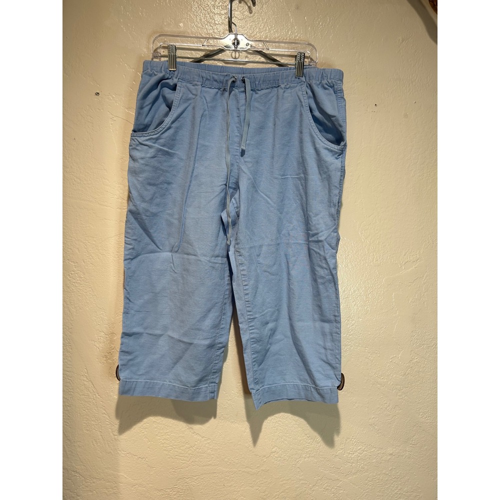 Christopher & Banks Womens Large Blue Linen Blend Drawstring Capri Pants Button